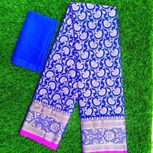 কাতান শাড়ি লতা পাতা ডিজাইন ব্লাউজ সহ (নীল কালার)