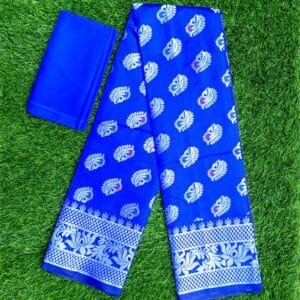 কাতান শাড়ি পানপাতা ডিজাইন ব্লাউজ সহ (নীল কালার)