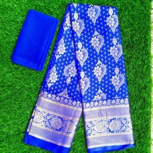 কাতান শাড়ি পানপাতাফুল ডিজাইন ব্লাউজ সহ (নীল কালার)