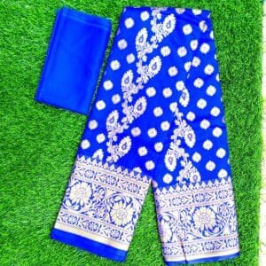 কাতান শাড়ি লতা ডিজাইন ব্লাউজ সহ (নীল কালার)