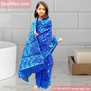 বাচ্চাদের জন্য রেডিমেড জামদানি শাড়ি ব্লাউজ সহ -নীল কালার