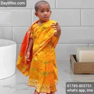 বাচ্চাদের জন্য রেডিমেড কাতান শাড়ি ব্লাউজ সহ -হলুদ কালার