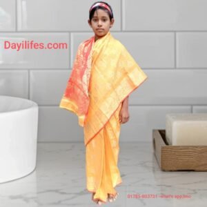 বাচ্চাদের জন্য রেডিমেড কাতান শাড়ি ব্লাউজ সহ  -হলুদ কালার পানপাতা ডিজাইন