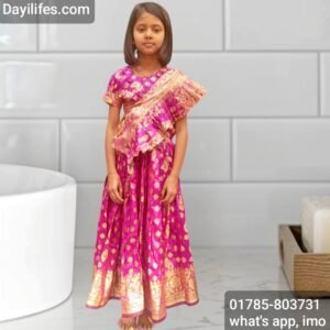 বাচ্চাদের জন্য রেডিমেড কাতান লেহাঙ্গা শাড়ি ব্লাউজ -বেগুনী কালার